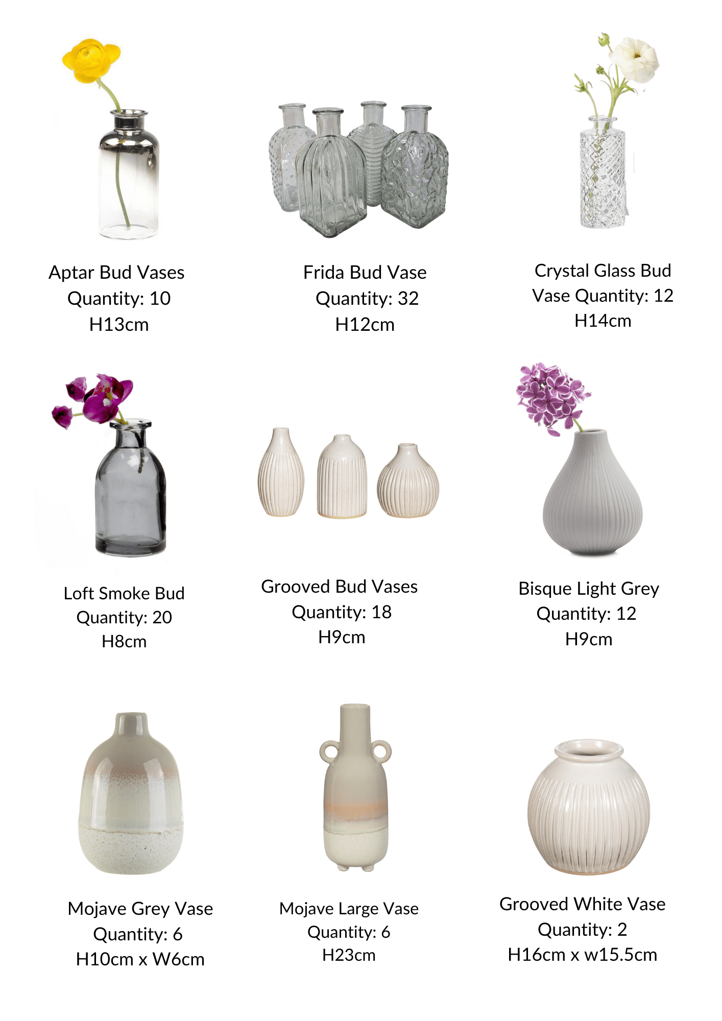 Glass & ceramic vases Glass & ceramic vases for hire