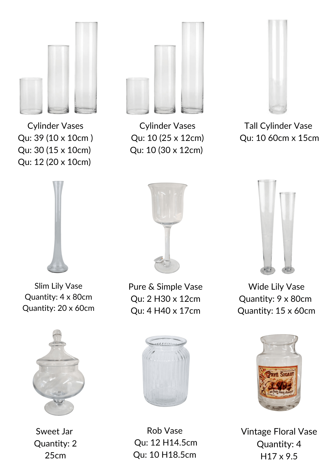 glass vases A range of glass vases for hire