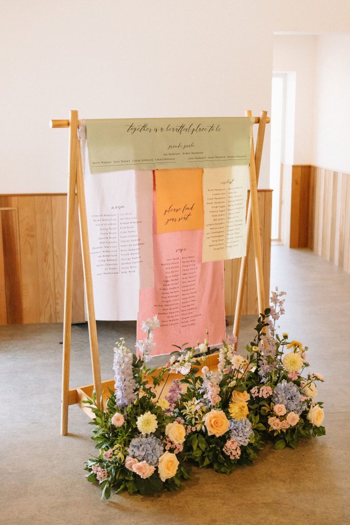 table plan signage and floral decor