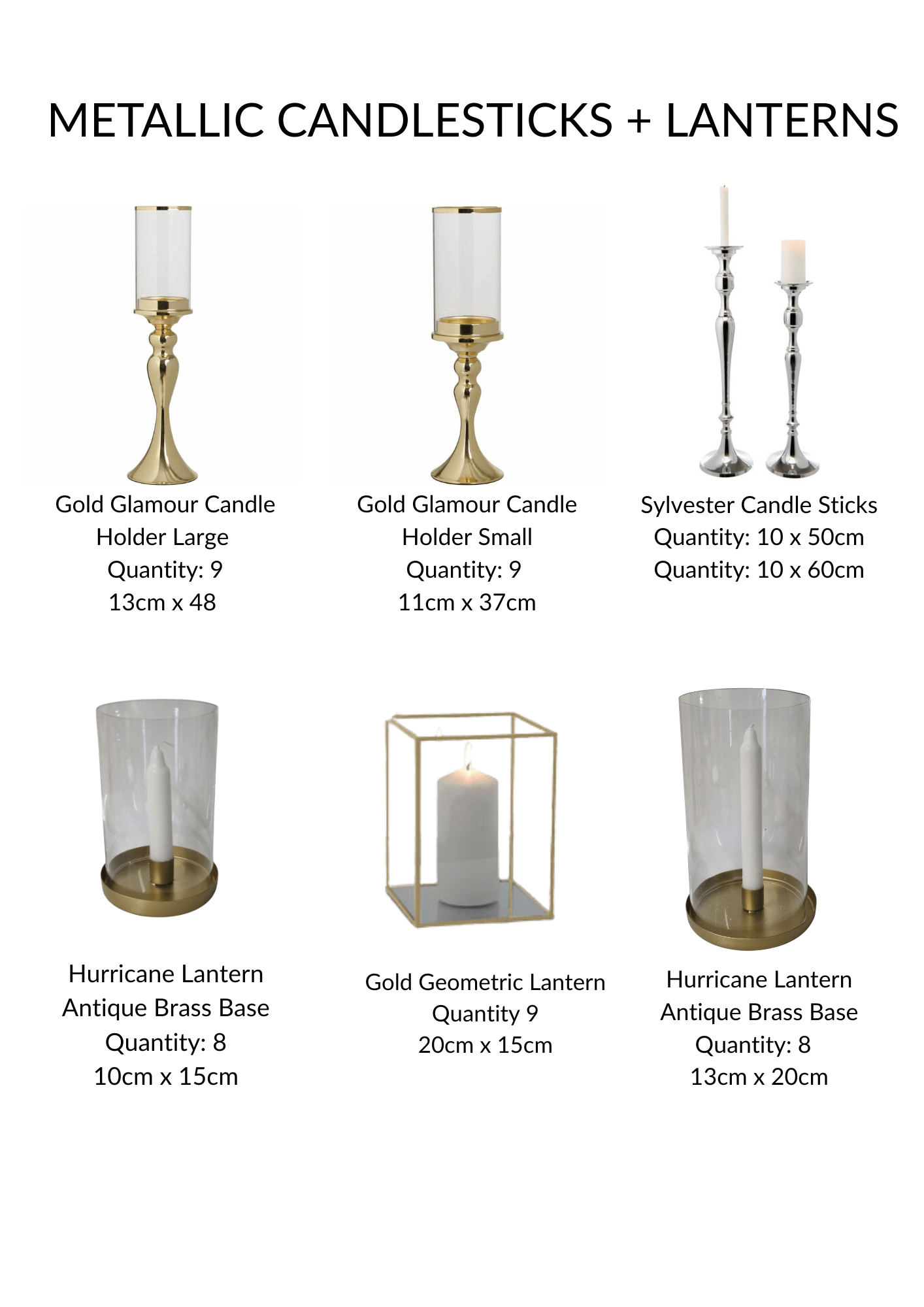 styling items & hire collection of metallic candlesticks + lanterns