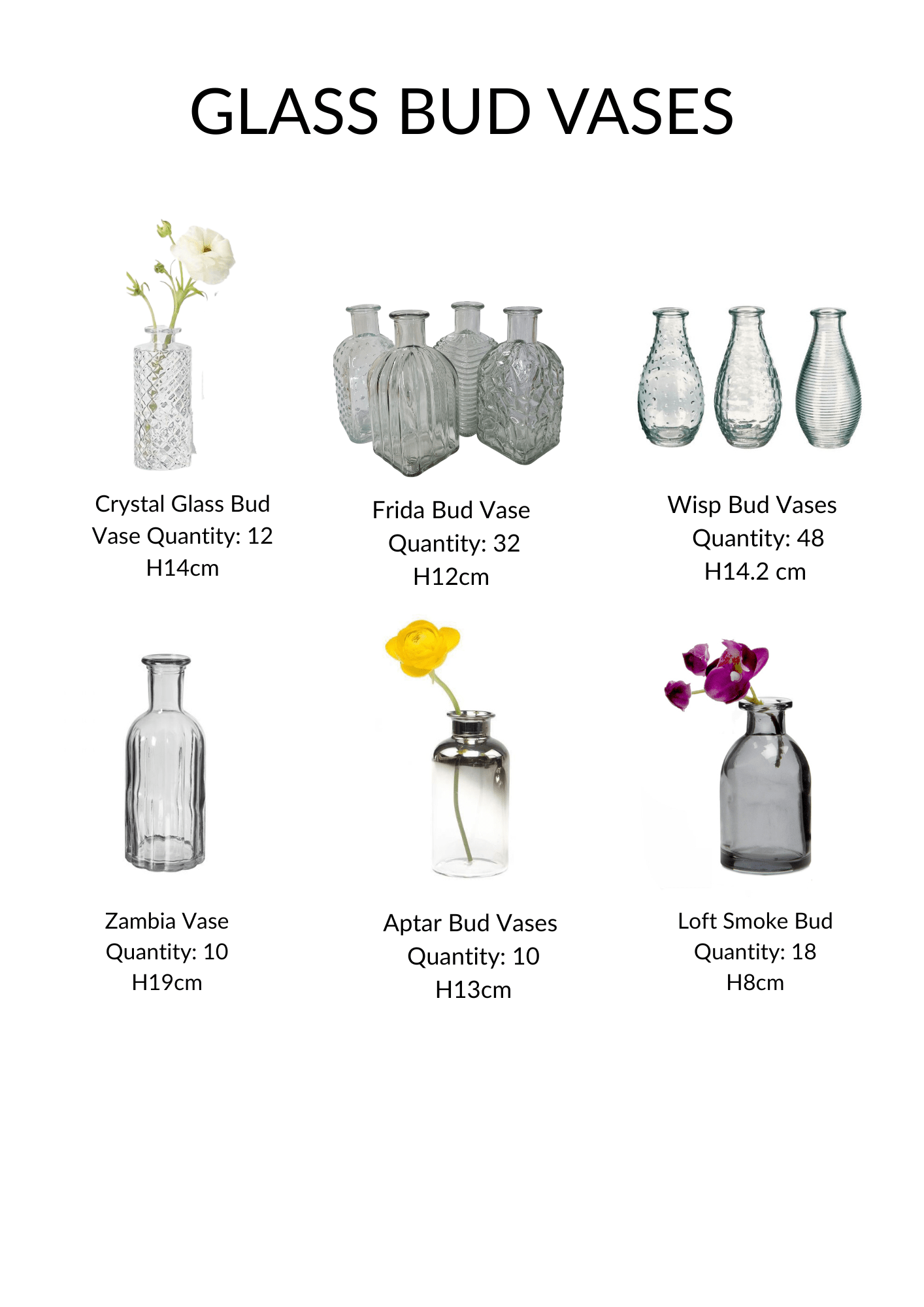 Styling items + Hire Collection glass bud vases