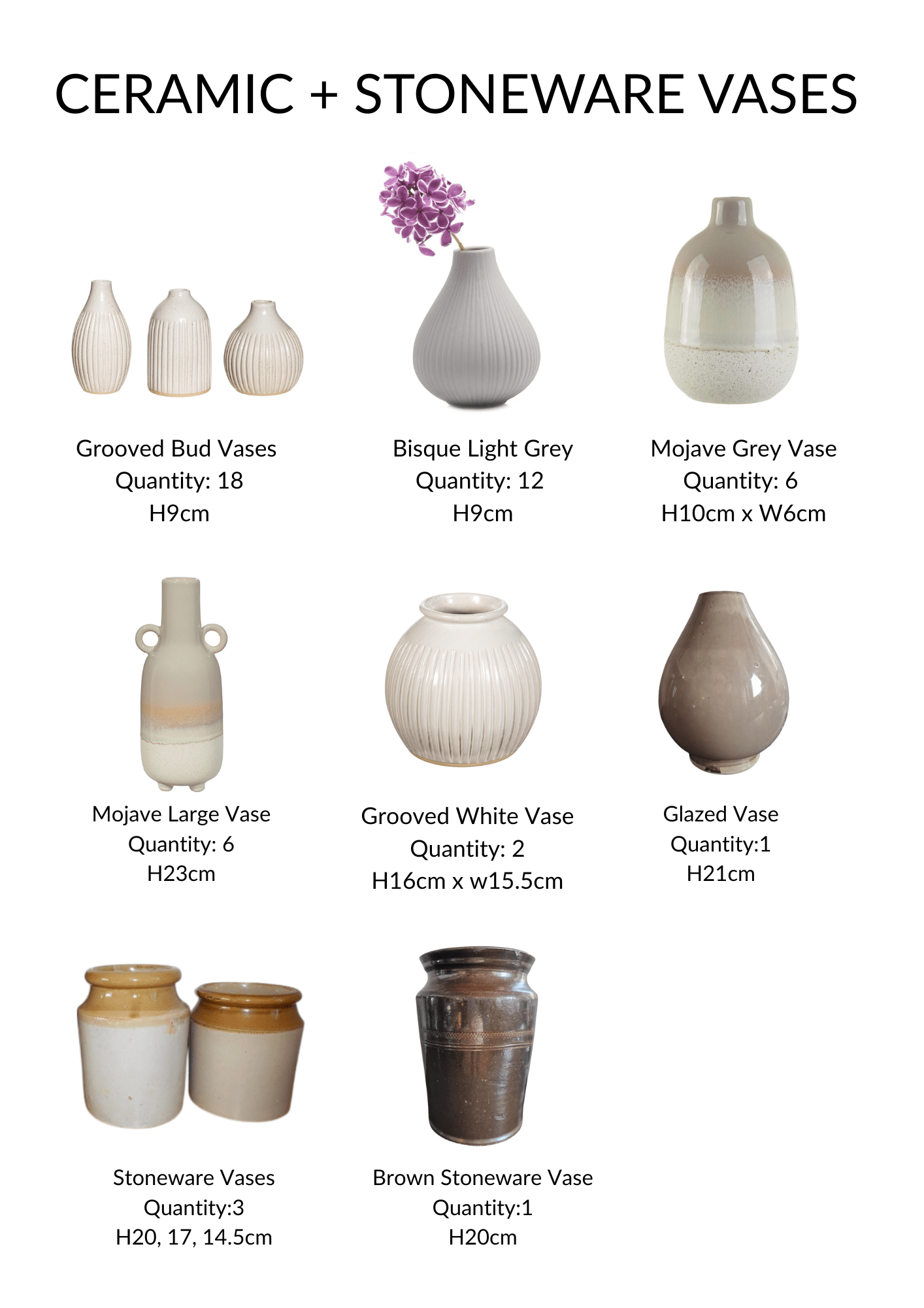 Styling items & Hire Collection Ceramic + Stoneware vases