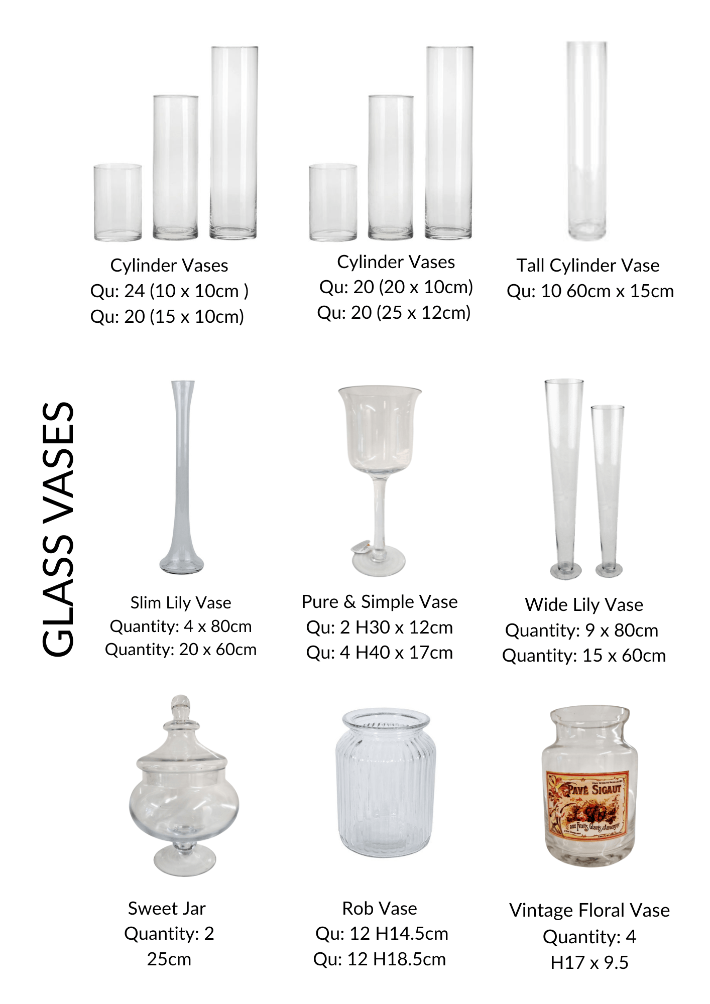 Styling items +Hire Collection Glass vases
