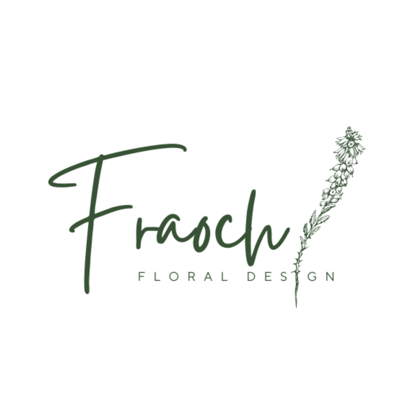 Logo for Frasch Floral Design: green cursive text with a tall green floral stem to the right.